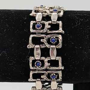 Vintage Silver Tone Brutalist Geometric Link Bracelet Blue Stones Toggle
